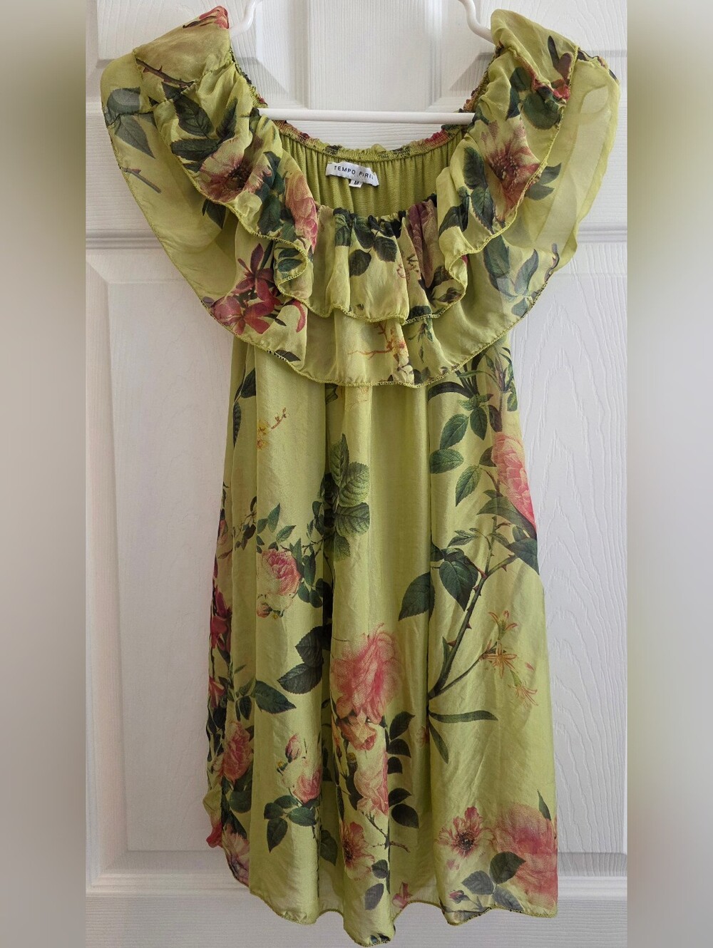 Tempo Paris Medium Chiffon Green Floral Tank Top Ruffle Lined Italy